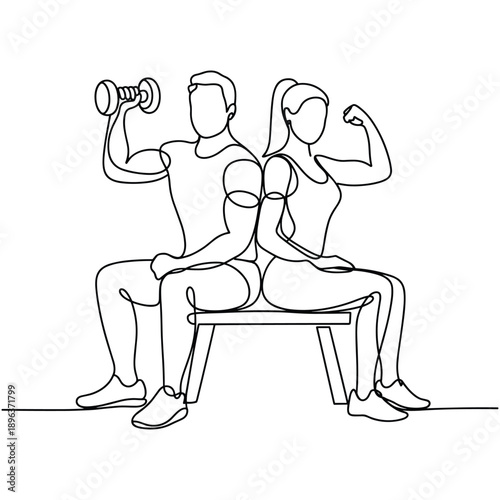 Fit man lifting dumbbell and woman flexing arm muscles while sitting on bench continuous line art