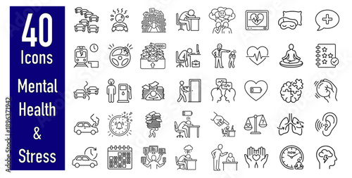 Mental health and stress icons for emotional wellness and support