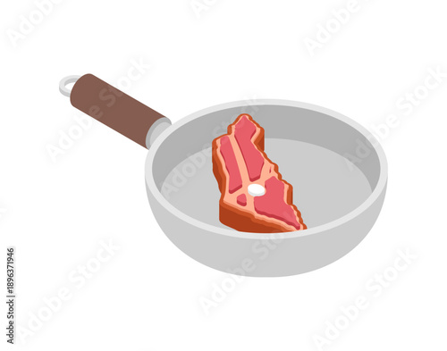 beef steak shaped like the geographical map of Israel being cooked in a frying pan. Creative food concept for Israeli cuisine, kosher meat production, and Middle Eastern gastronomy