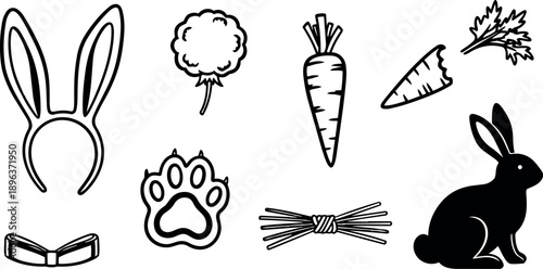 Black silhouette rabbit with bunny ears headband carrot and paw print icons collection in simple black line style