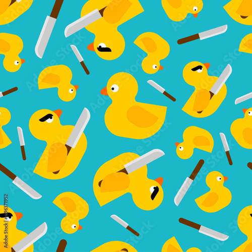 aggressive yellow rubber ducks holding knives on a bright green background. Satirical killer duck meme ornament for bold textile designs and creative digital backgrounds
