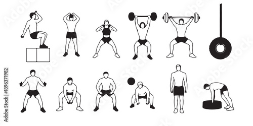 Set of people exercising with weights and fitness equipment like barbells and tires on transparent background gym workout silhouettes