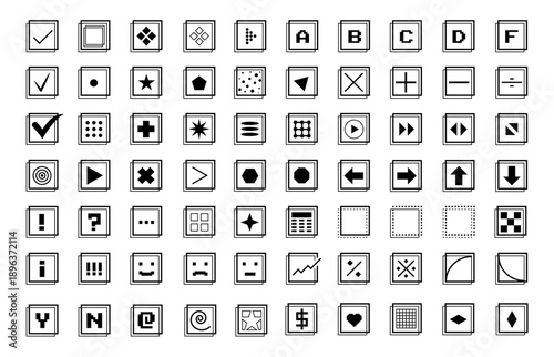 Double‑frame vector icon set. Minimal square UI icons collection with double border, checkmarks, arrows, symbols and controls for web, app, UX design, infographics