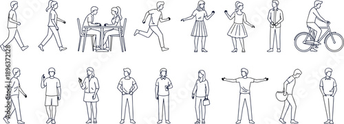 Set of diverse people line silhouettes walking, running, sitting, and cycling, isolated human figures for architectural visualization and urban design.