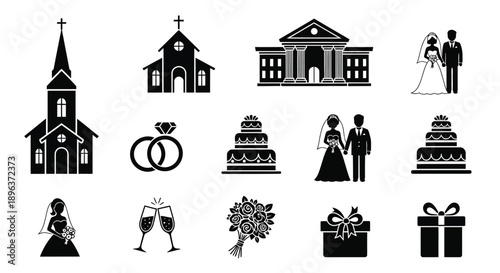 Wedding icons and symbols in black silhouette on white background for marriage and celebration design