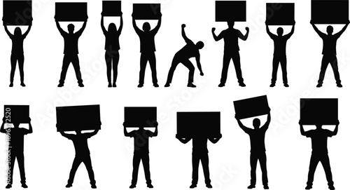 People silhouettes holding blank protest signs and banners isolated on white background for activism, demonstration, advertising, and social message design concepts