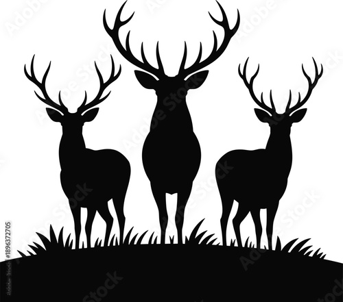 Group of deer silhouettes with antlers standing together isolated on white background, wild forest animals icons for nature, wildlife, and hunting design use