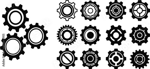 Gear icon set, black and white, mechanical silhouettes, vector illustration, settings symbol, engineering design, cogwheel, machinery, interface icon, industrial 