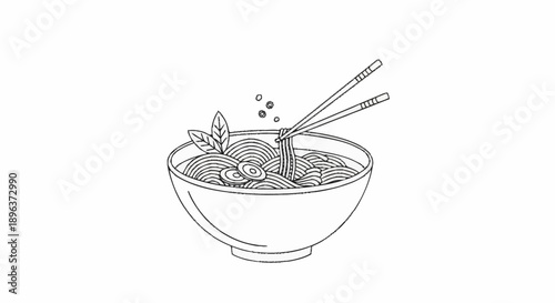 Hand drawn illustration of a bowl of noodles with chopsticks.