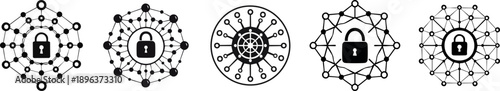A series of interconnected icons featuring padlocks, representing themes of security, protection, and network integrity.