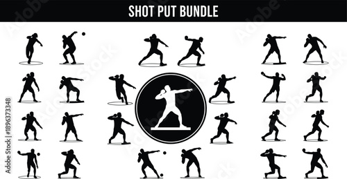 Shot put bundle featuring athlete silhouettes in various throwing poses, isolated vector elements for track and field sports competition design.