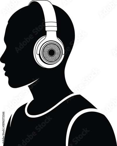 Headphone listener silhouette, black and white, audio gear, music lover, profile view, sound technology, entertainment, vector illustration, headphones, 