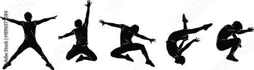 Silhouette, dance, jump, flip, motion, athletic, choreography, acrobat, performance, energy, pose, dynamic, human, movement, black, figure, airborne, landing, expressive, sequence
