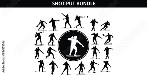 Shot put athlete silhouette bundle featuring various throwing poses and track and field competition action icons for sports graphic design.