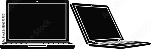 Laptop silhouette set, black and white, front view, side angle, vector illustration, computer icon, webcam, keyboard, touchpad, tech gear, digital device, workstation,
