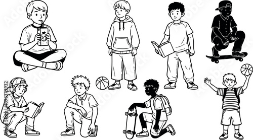 Black and white line art of diverse boys reading book drinking juice playing basketball and skateboarding in casual clothing