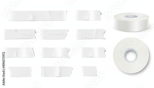 White masking tape strips collection with rolls on white backdrop for collage design layout