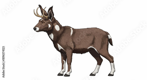 Illustration of a male muntjac deer with antlers standing.