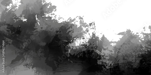 An abstract black and white grunge texture landscape features a winter forest with an old tree and frozen waterfall art amidst a cold river and icy sea