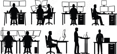 Office workstation silhouettes, multi-monitor setups, black and white, desk scenes, collaboration, data analysis, vector illustration, tech workspace, seated, 