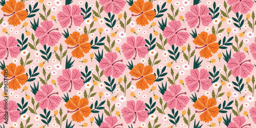 pink and orange hibiscus design pattern on Powder Pink background. Lovely and sweet hibiscus motif summer patterns. Mellow botanical motif floral hibiscus. Beautiful dreamy patterned flowers seamless.