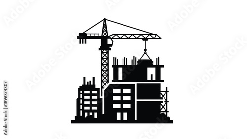 a construction site with a large crane and building structure silhouette