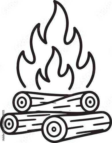 Campfire icon – Fire burning on wooden logs energy and warmth line art vector
