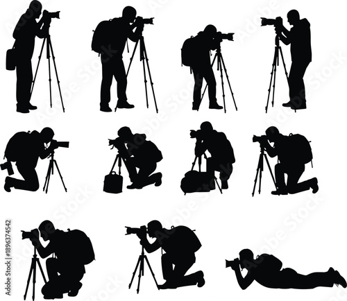 Photographer silhouette, tripod camera poses, black and white, outdoor shooting, backpack gear, creative angles, vector illustration, photography, kneeling  