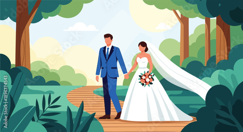 Wedding couple holding hands in nature park vector illustration