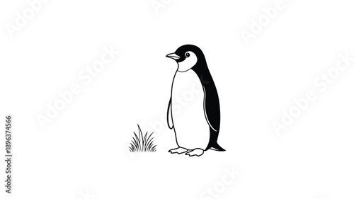 a simple black penguin illustration standing near some grass silhouette