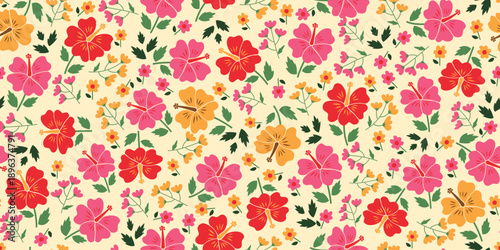 pink, red and yellow hibiscus design pattern on pale butter background. hibiscus motif summer patterns for Hawaiian shirts. Mellow botanical motif floral hibiscus. Beautiful pattern flowers seamless.