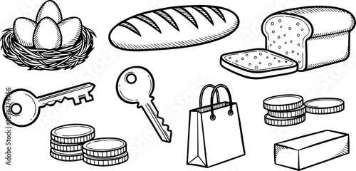 Detailed hand drawn black and white sketch set of eggs in nest coins keys loaf bread butter shopping bag simple line art