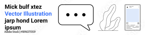 Communication, user interface, app design, messaging, conceptual art, minimalism. Speech bubble icon with three dots, abstract leaf-thumbs up shape mobile interface. Communication and user interface