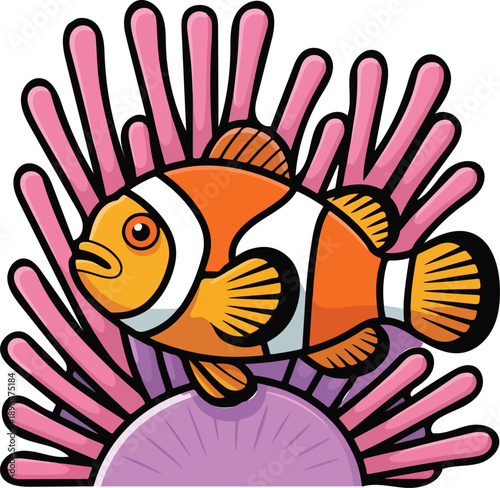 A cute cartoon vector illustration of a colorful tropical goldfish swimming underwater in a blue marine aquarium isolated on a white background