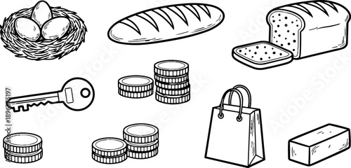 Hand drawn black and white sketch of coins stacked bird nest eggs key shopping bag loaf sliced bread and butter block isolated on white background