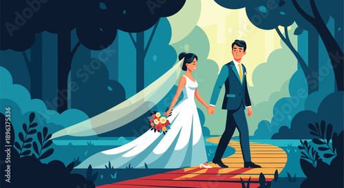 Romantic wedding couple walking through forest vector illustration