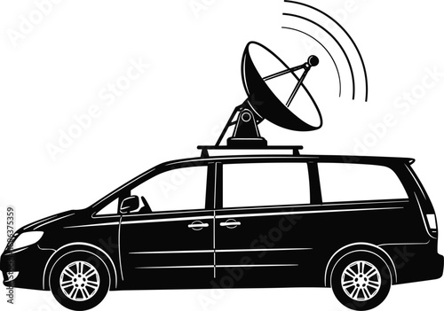Satellite van silhouette, black and white, mobile communication, vector illustration, signal waves, broadcast vehicle, surveillance, emergency response, 