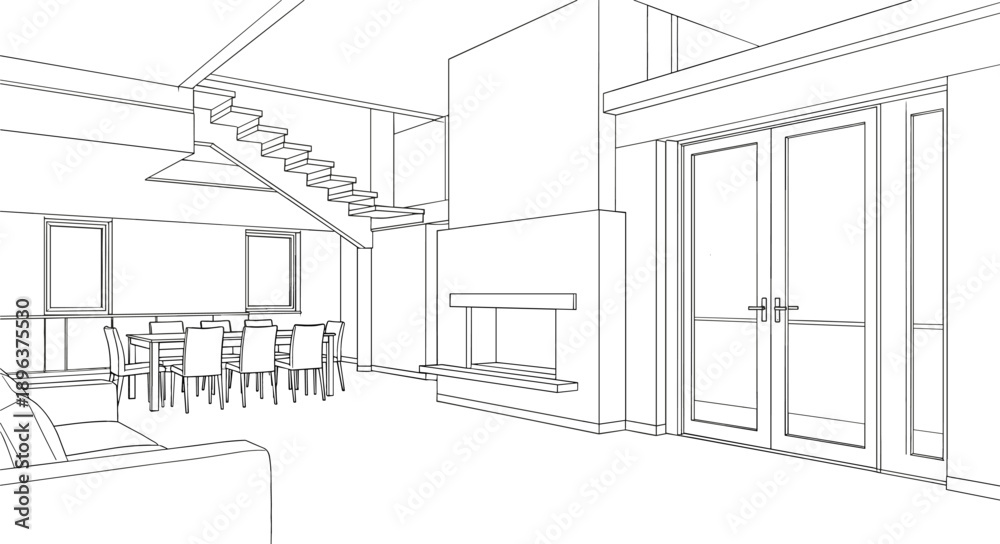 Fototapeta premium Detailed interior architectural sketch of a modern minimalist living room featuring a fireplace, staircase, and dining area vector