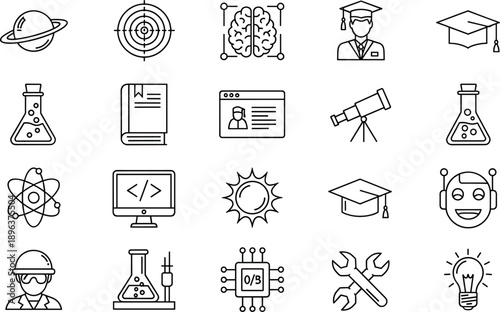 Modern Education and Science Line Icons Featuring Laboratory Glassware, Graduation Caps, Artificial Intelligence, Astronomical Telescopes, and Engineering Research Symbols.