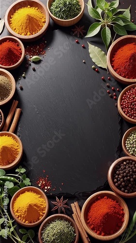 Assortment of colorful aromatic spices and herbs in wooden bowls arranged around a dark stone slate plate with copy space in the center for cooking and recipe background vertical and food promotion
