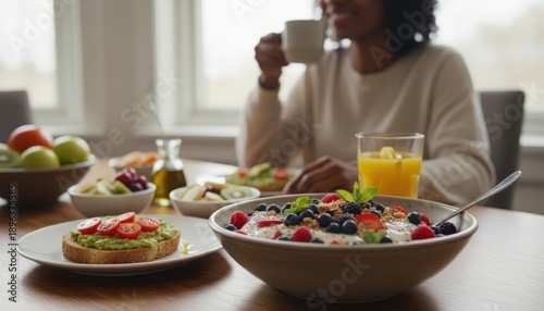 Healthy Breakfast Spread with Fresh Fruits and Yogurt.