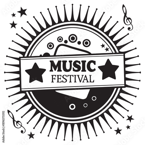 Vintage Monochrome Music Festival Badge with Stars, Notes, and Retro Emblem Design