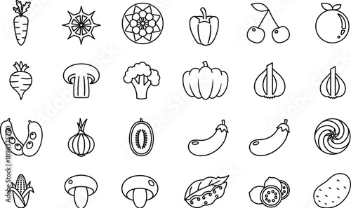Outlined icons of fruits and vegetables in grid layout, illustrating healthy food and botanical diversity