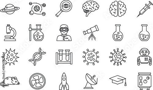 Outlined science icons illustrating research, biology, chemistry, physics, astronomy, and technology in a grid layout