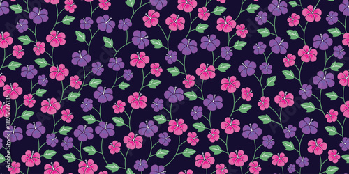 pink purple hibiscus pattern. Botanical Seamless pattern. Exotic Hibiscus. Motif Hawaiian shirt summer. Beautiful Lush ditsy minimal floral, leaf patterns black background. Lovely hibiscus flower.