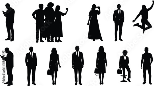People silhouettes collection, men women using smartphone, taking selfies, business professionals standing jumping poses, isolated black figures on white background
