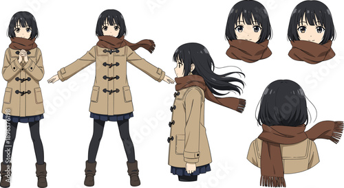 Cute anime girl character sheet wearing winter duffle coat and scarf in various poses and angles isolated on white background for animation design