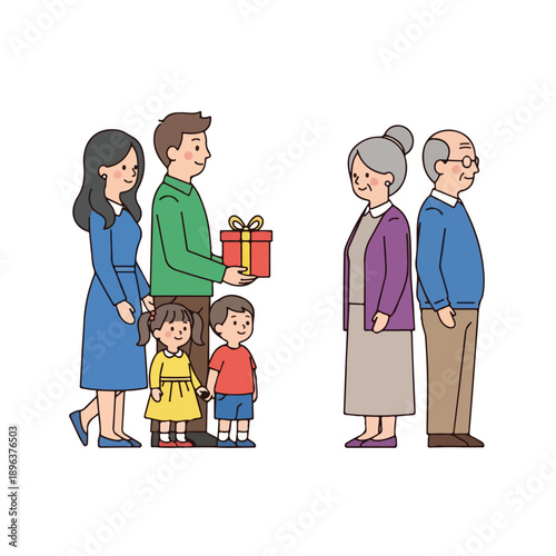 Family giving gift to elderly parents on special occasion