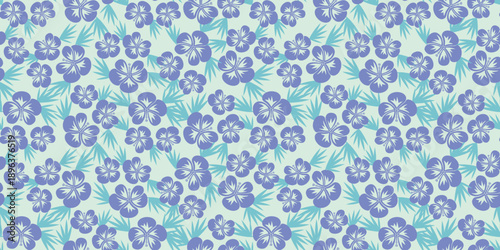 Sky blue Hibiscus pattern. Botanical Seamless pattern. Exotic Hibiscus. Motif Airy Hawaii shirt in summer. Beautiful soothing soft blue design, floral patterns. Ditsy hibiscus flower Monochromatic. 