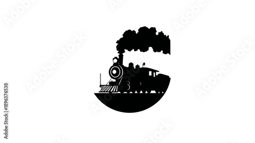 Vintage steam train silhouette icon, classic locomotive with smoke, old railway engine graphic vector illustration